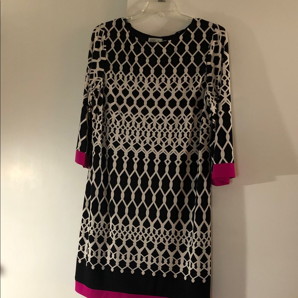 Eliza J Geometric Black and White Dress with Pink Accents